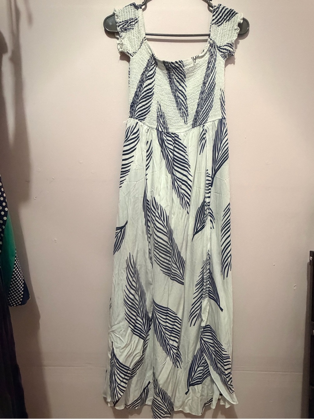 fab'rik Off-Shoulder White Maxi Dress with Navy Leaf Print - Picture 3 of 6